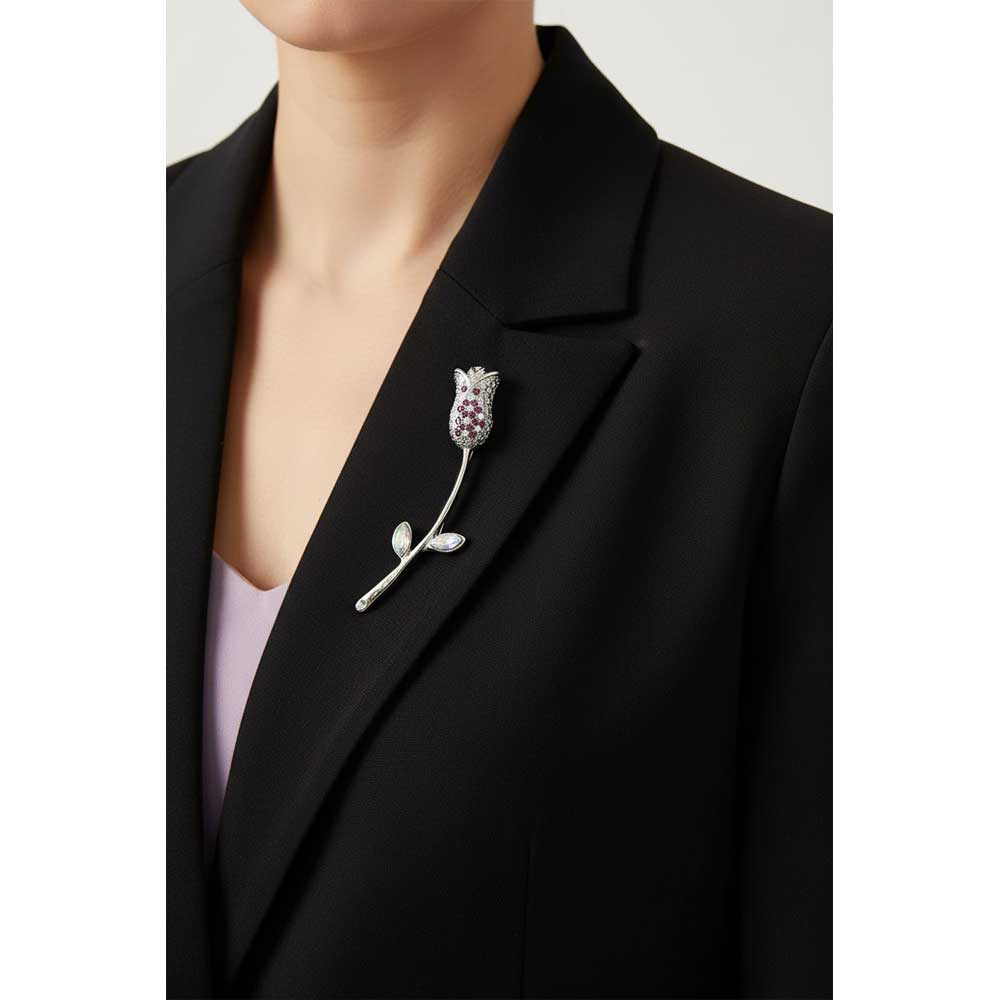 Model wearing Purple long stem rose brooch pin on a black jacket with a light purple top - Lilylin Designs