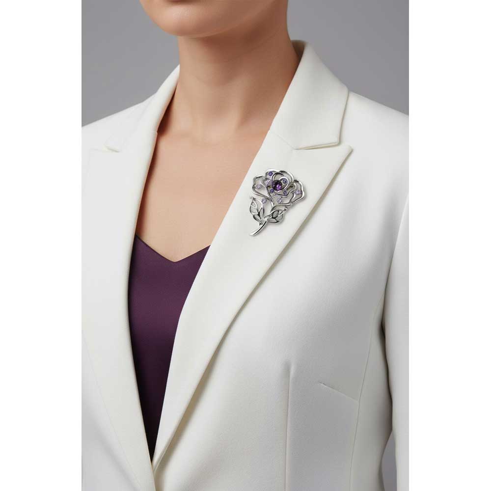 Model wearing Purple rose brooch pin on a white jacket with a purple top - Lilylin Designs