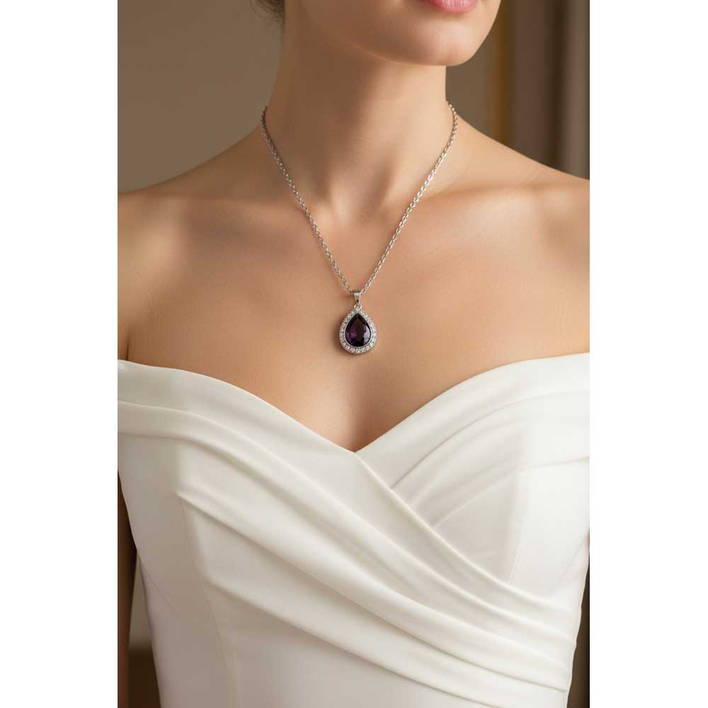 Model wearing Purple teardrop necklace with a white off the shoulder dress - Lilylin Designs