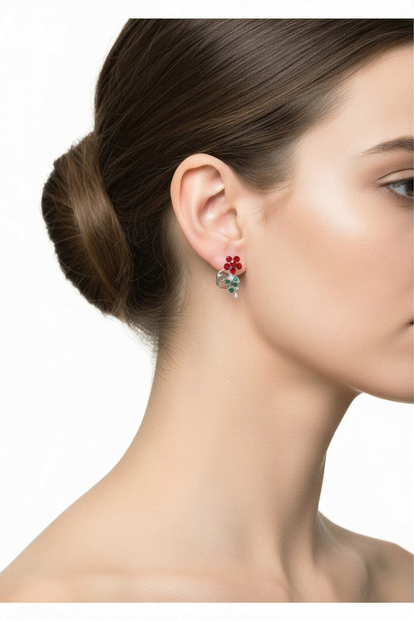 Side profile of model wearing red and green crystal daisy stud earring - Lilylin Designs