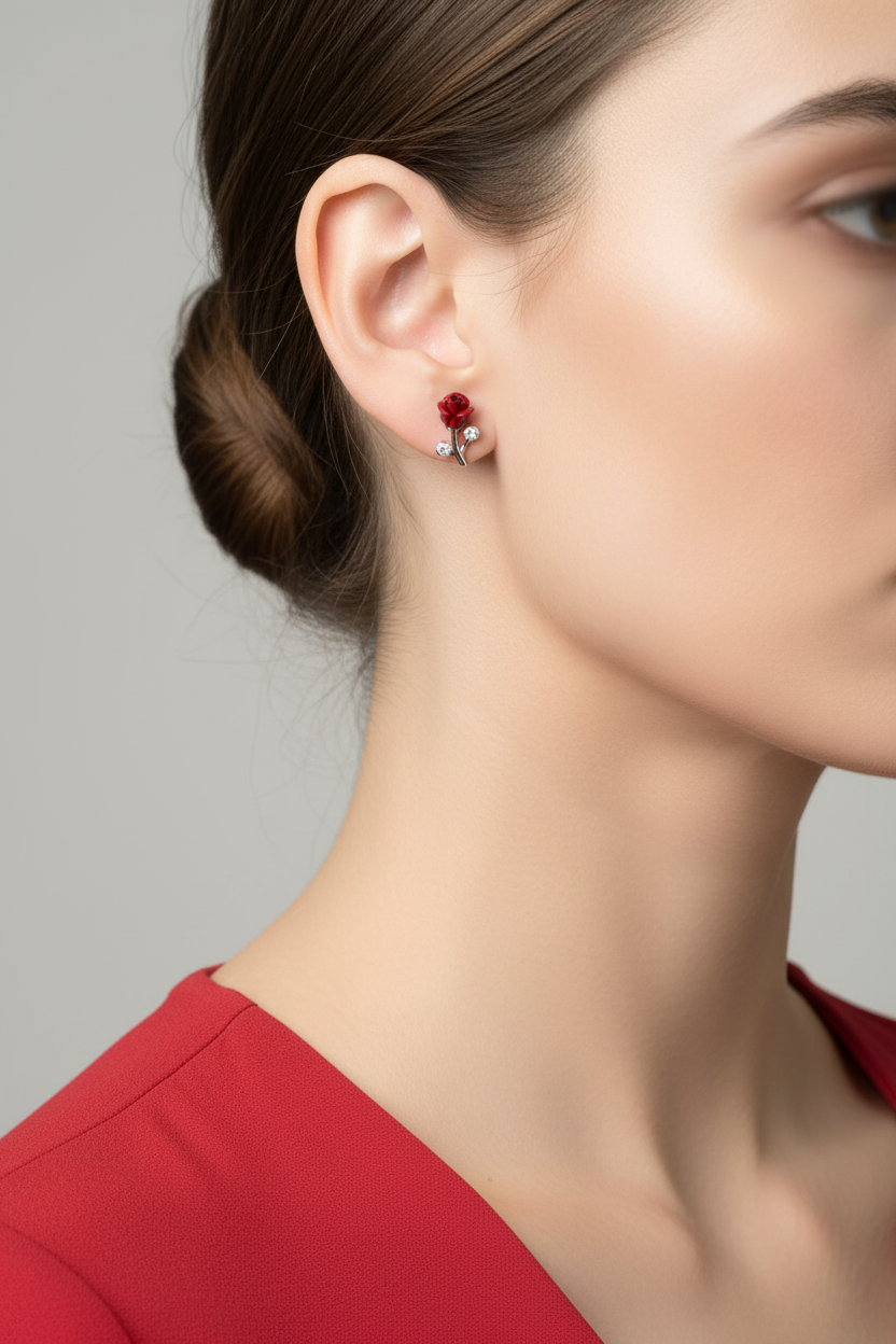 Side view of model wearing a red rose bud stud earring - Lilylin Designs
