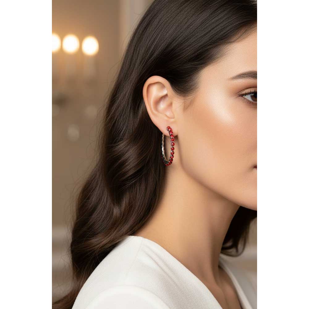 Model wearing Red crystal hoop earrings - Lilylin Designs