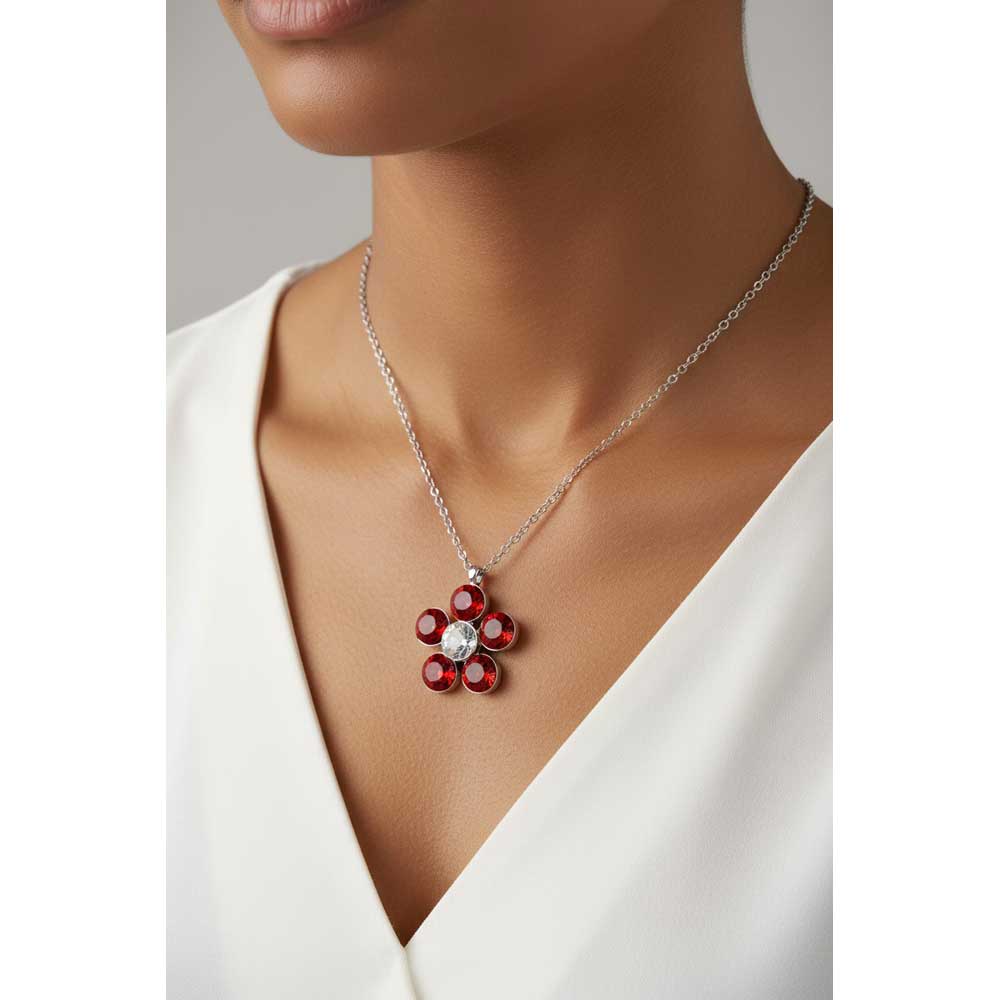Model wearing Red daisy necklace with a white shirt - Lilylin Designs