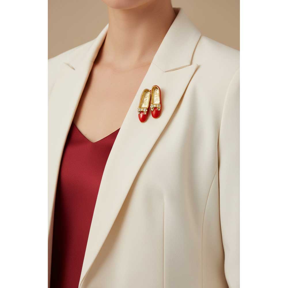 Model wearing Red shoes brooch pin on a cream jacket with a red top - Lilylin Designs