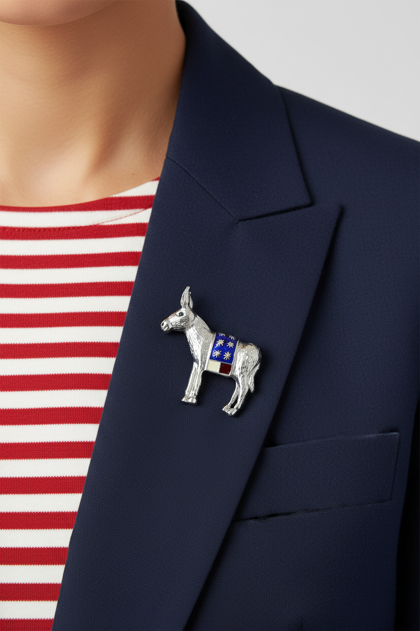 Red white and blue patriotic donkey lapel pin, pinned to a navy blue blazer over a red and white striped shirt. Lilylin Designs