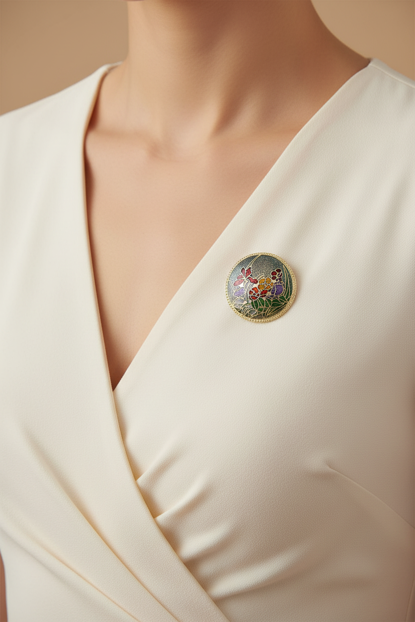 Model wearing round green cloisonne flower brooch pin - Lilylin Designs