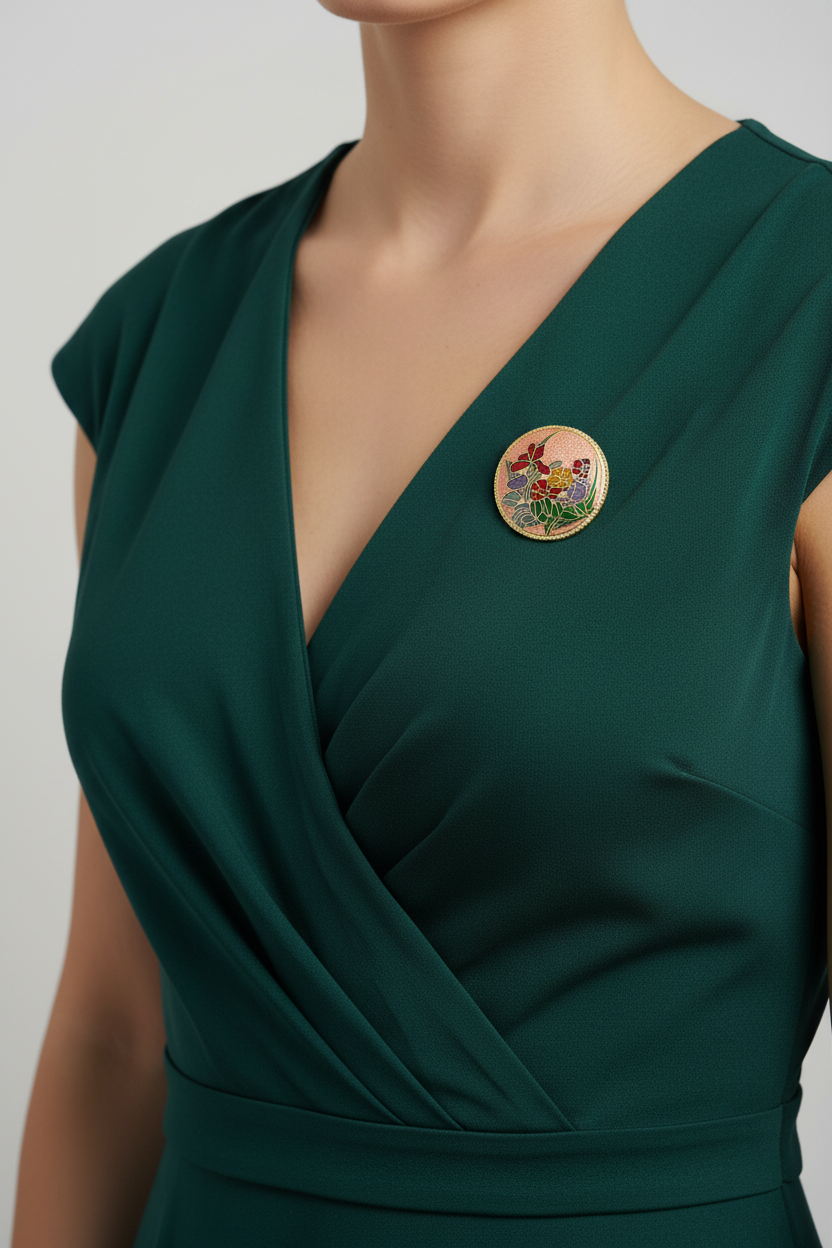 A close-up of a woman wearing a dark green wrap-style dress and a round peach cloisonne flower brooch pinned to the chest - Lilylin Designs