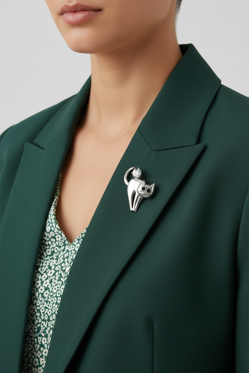 Model wearing silver scaredy cat pin on a green jacket - Lilylin Designs