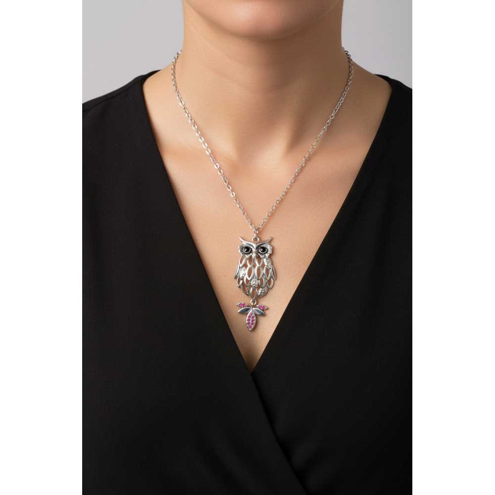 Model wearing Silver and pink owl necklace with a black top - Lilylin Designs