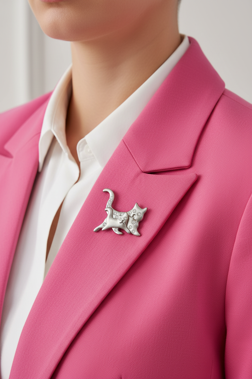 Model wearing mom and baby cat pin on a bright pink jacket - Lilylin Designs