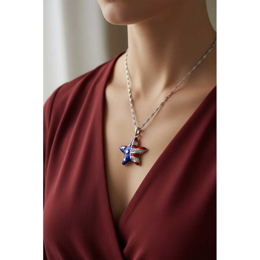 Model wearing Silver patriotic star necklace with a dark red top - Lilylin Designs