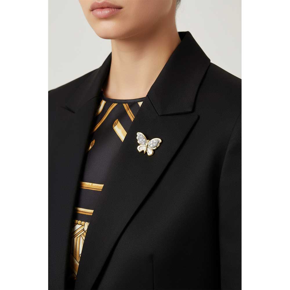 Model wearing Small butterfly lapel tac pin on a black jacket - Lilylin Designs