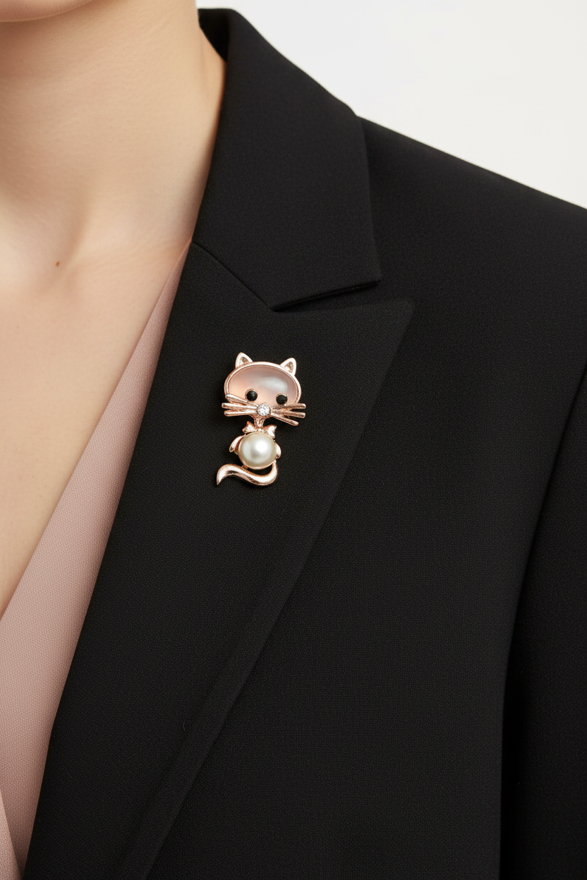 Model wearing rose gold pearl belly cat pin on a black jacket - Lilylin Designs