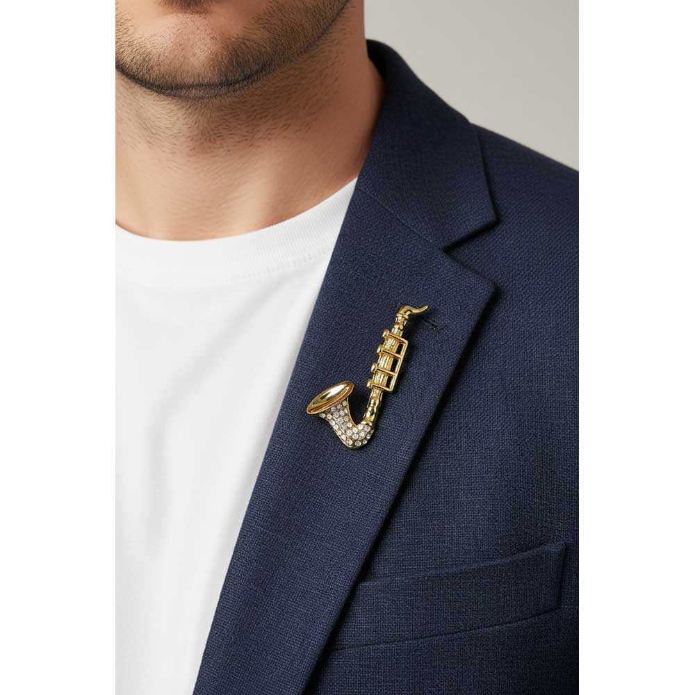 Model wearing Small saxophone brooch pin on a blue jacket - Lilylin Designs