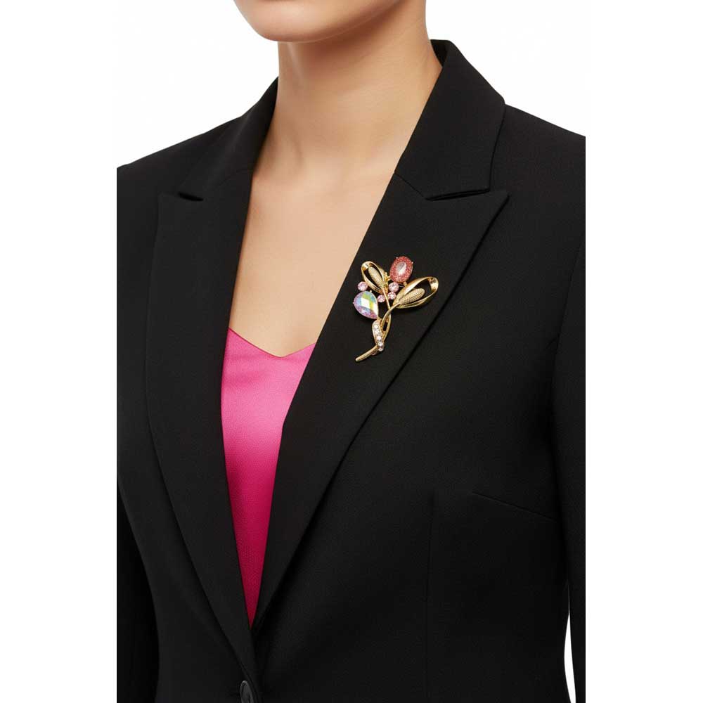 Model wearing Sparkling pink flower brooch pin on a black jacket with a bright pink top - Lilylin Designs