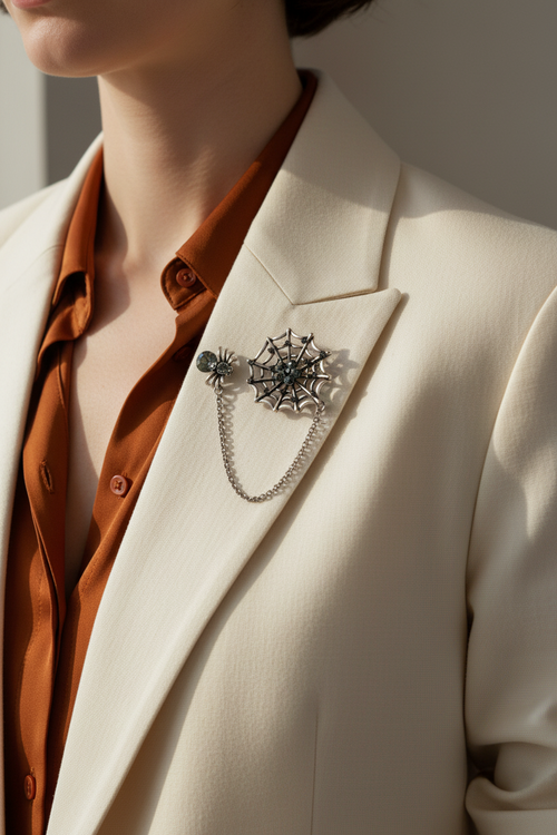 Model wearing spider web with spider pin on a cream blazer - Lilylin Designs