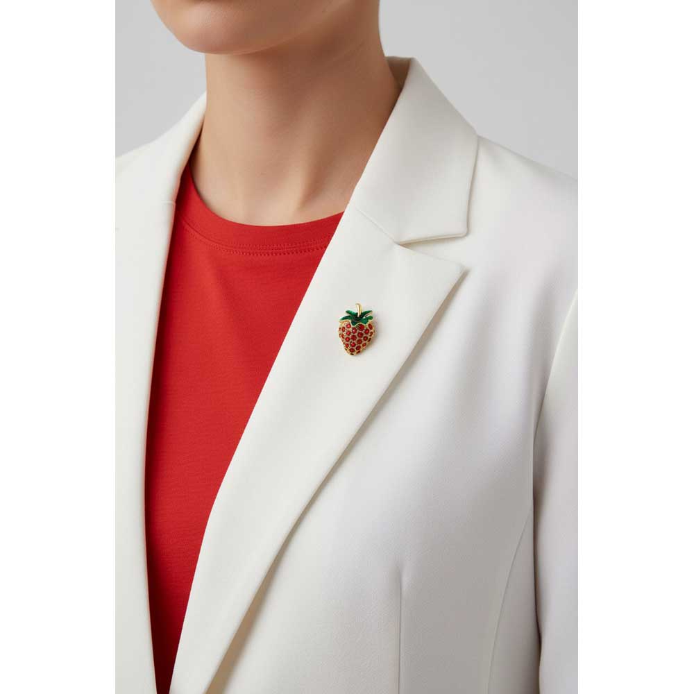 Model wearing Strawberry lapel tac pin on a white jacket with a red shirt - Lilylin Designs