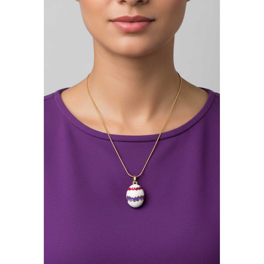 Model wearing White Easter egg necklace with a purple top - Lilylin Designs