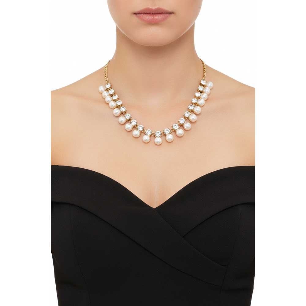 Model wearing White dangling pearls necklace with a black off the shoulder dress - Lilylin Designs
