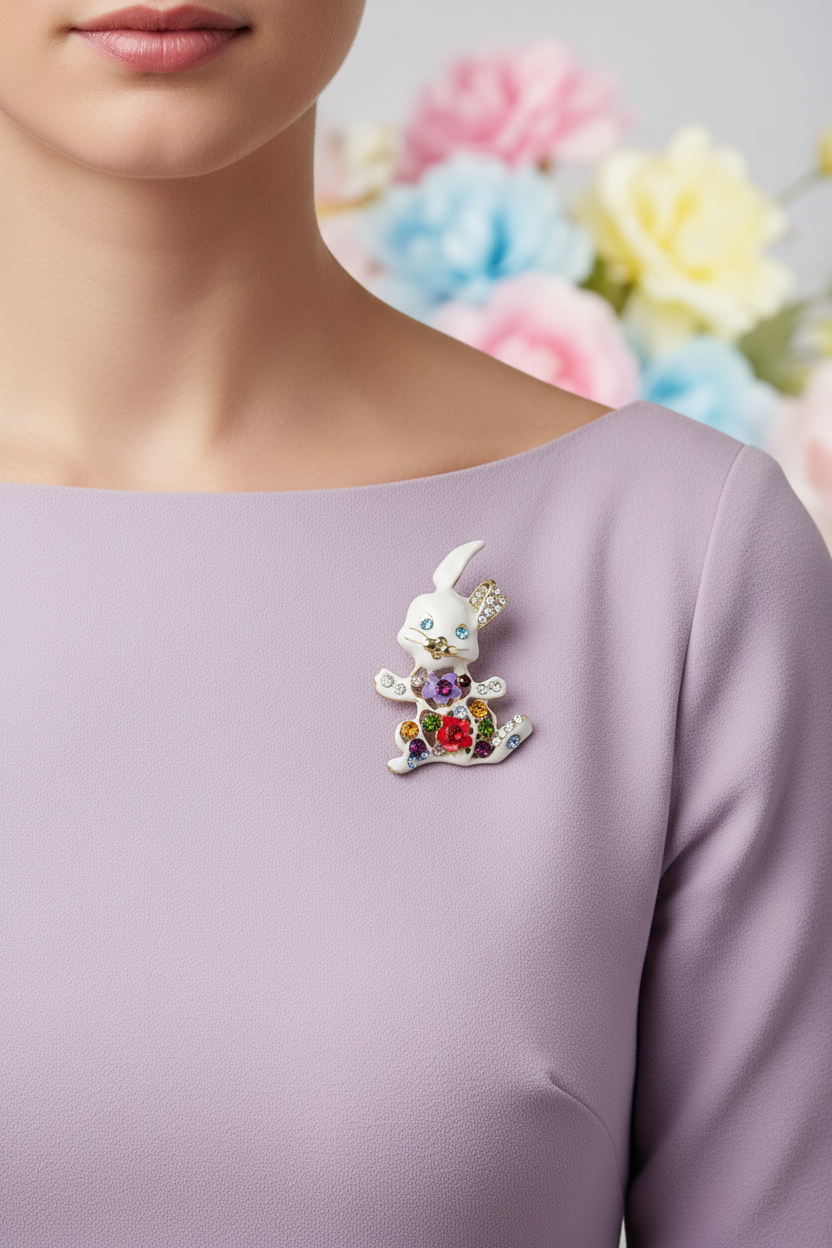 A close-up of a model wearing a white bunny brooch decorated with colorful enamel flowers, styled on a lavender dress against a soft, blurred floral background. Lilylin Designs