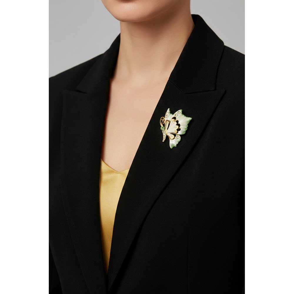 Model wearing Yellow and green profile butterfly brooch pin on a black jacket - Lilylin Designs