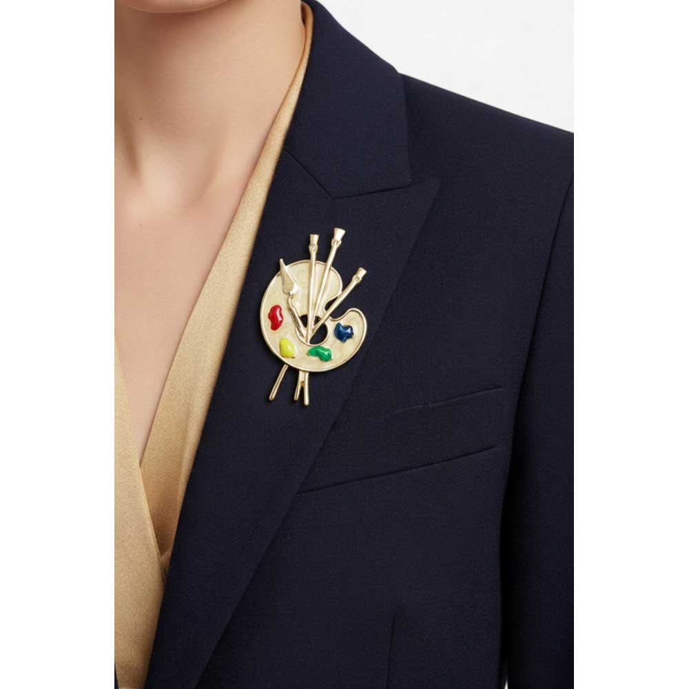Model wearing artist palette brooch pin on a navy blue jacket - Lilylin Designs