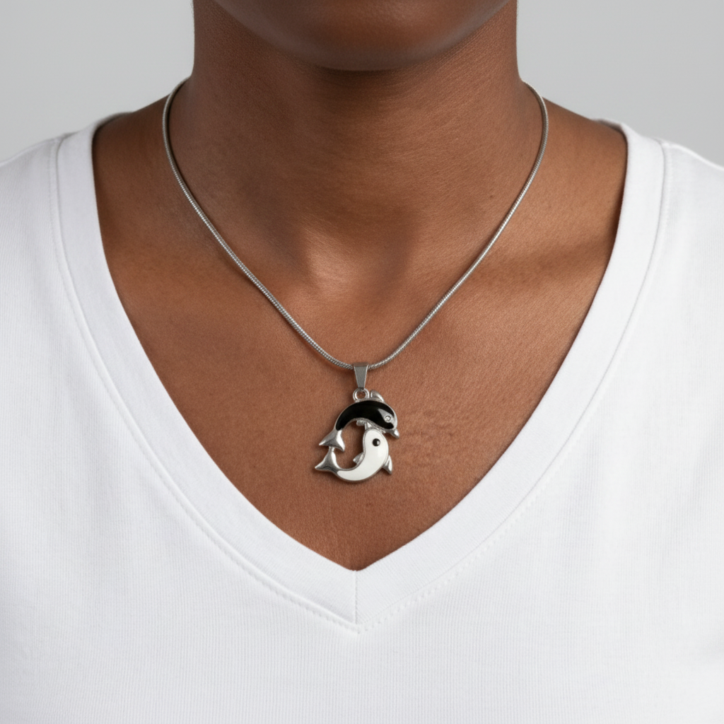 Model wearing Black and White Yin Yang Dolphins Pendant on Silver Chain - Lilylin Designs