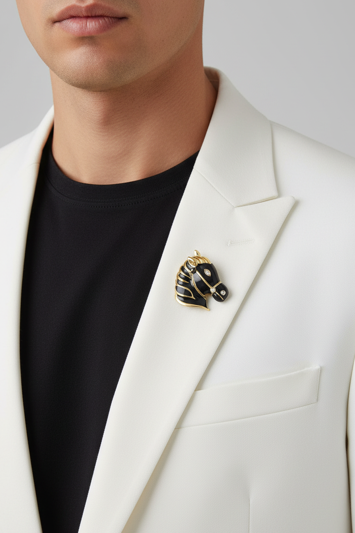Model in white jacket with black shirt with black horse head brooch pin - Lilylin Designs