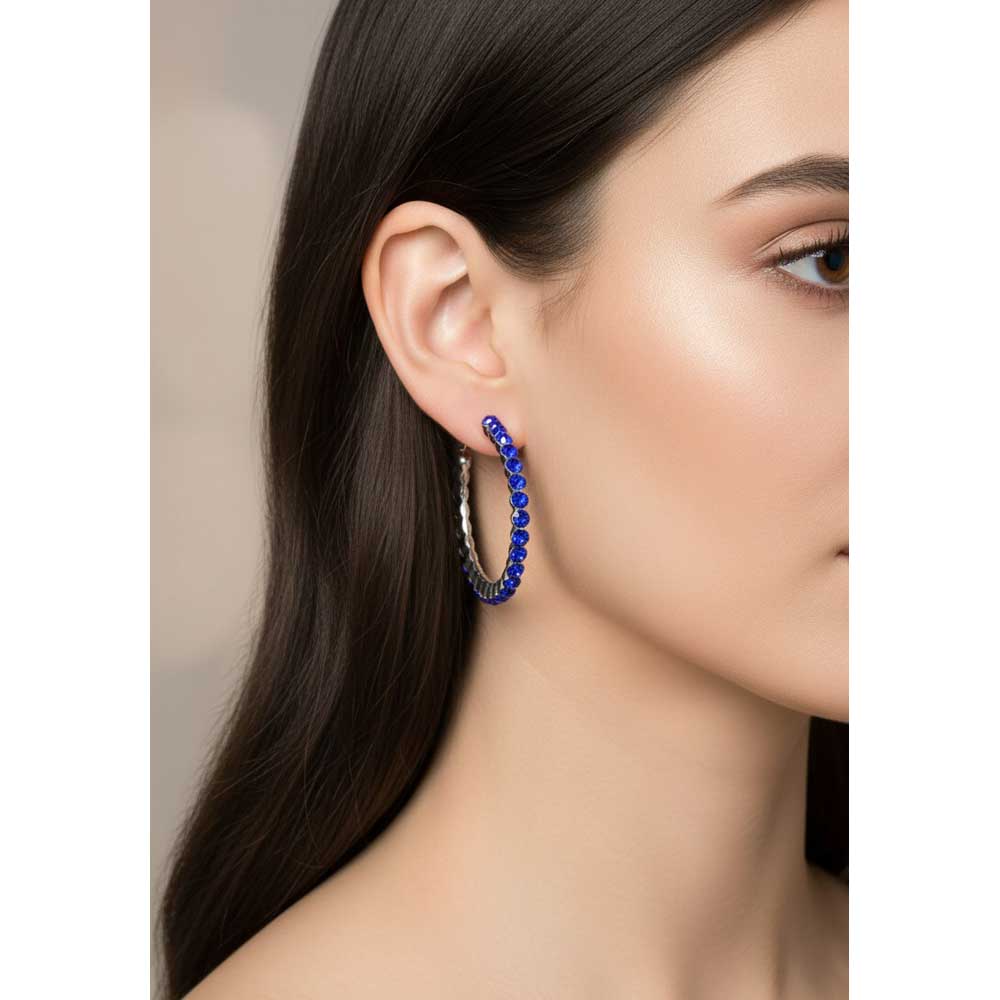 Model wearing cobalt blue crystal hoop earring - Lilylin Designs