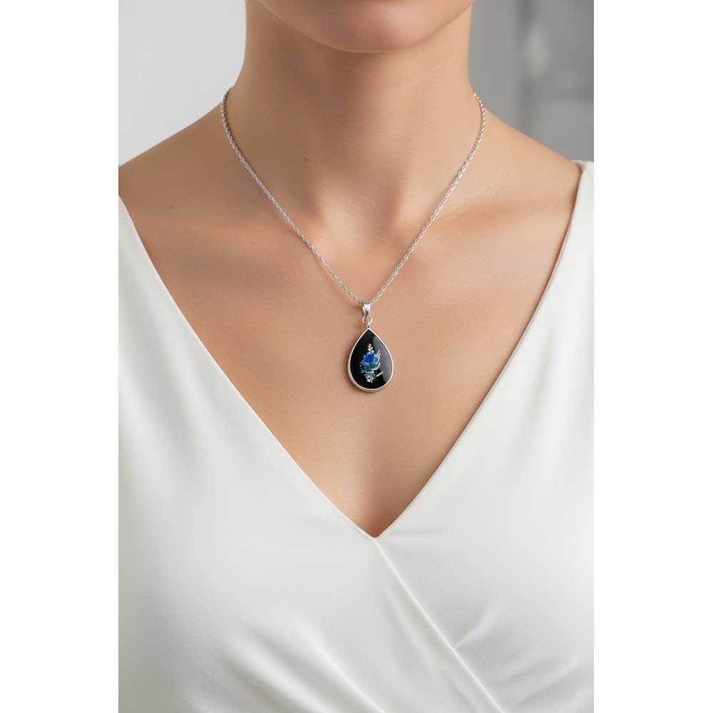 Model wearing black teardrop pendant with blue rose necklace - Lilylin Designs