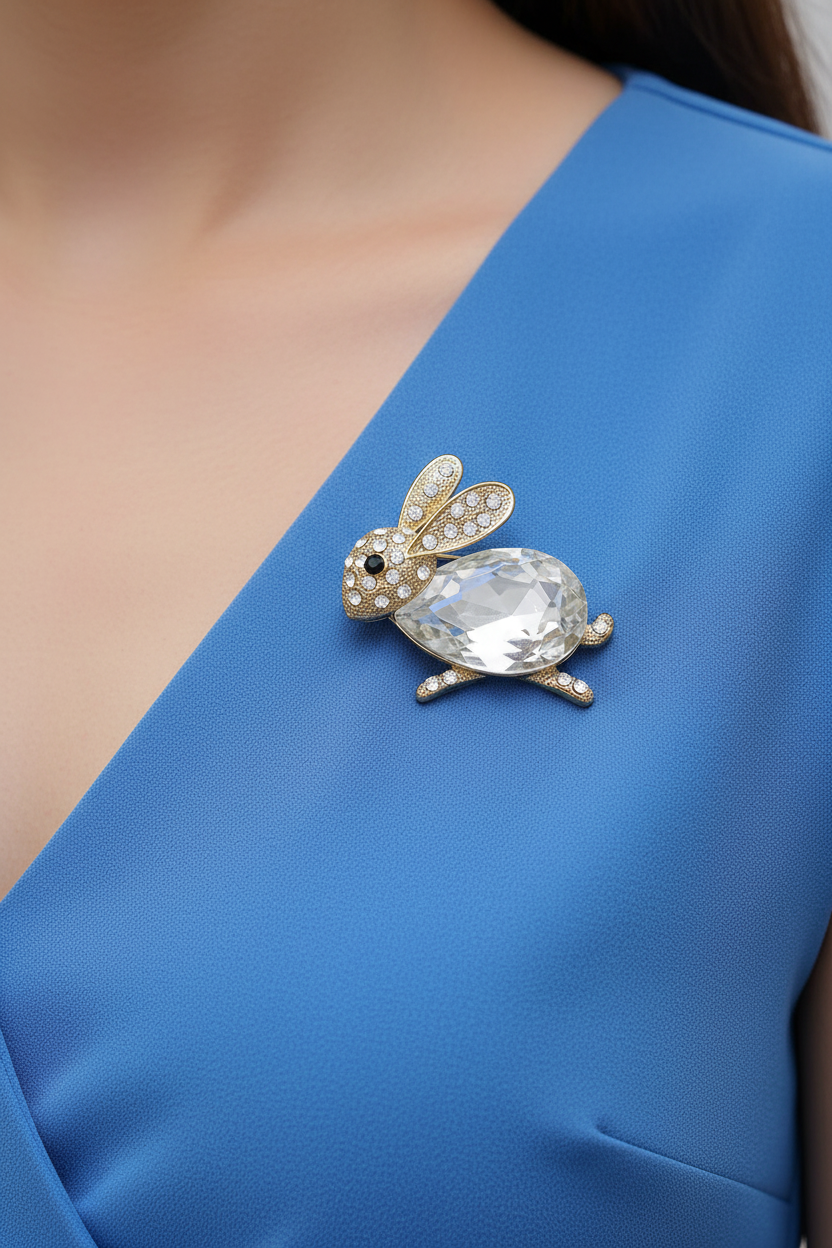 Model in a blue dress wearing bunny with large glass body pin - Lilylin Designs 