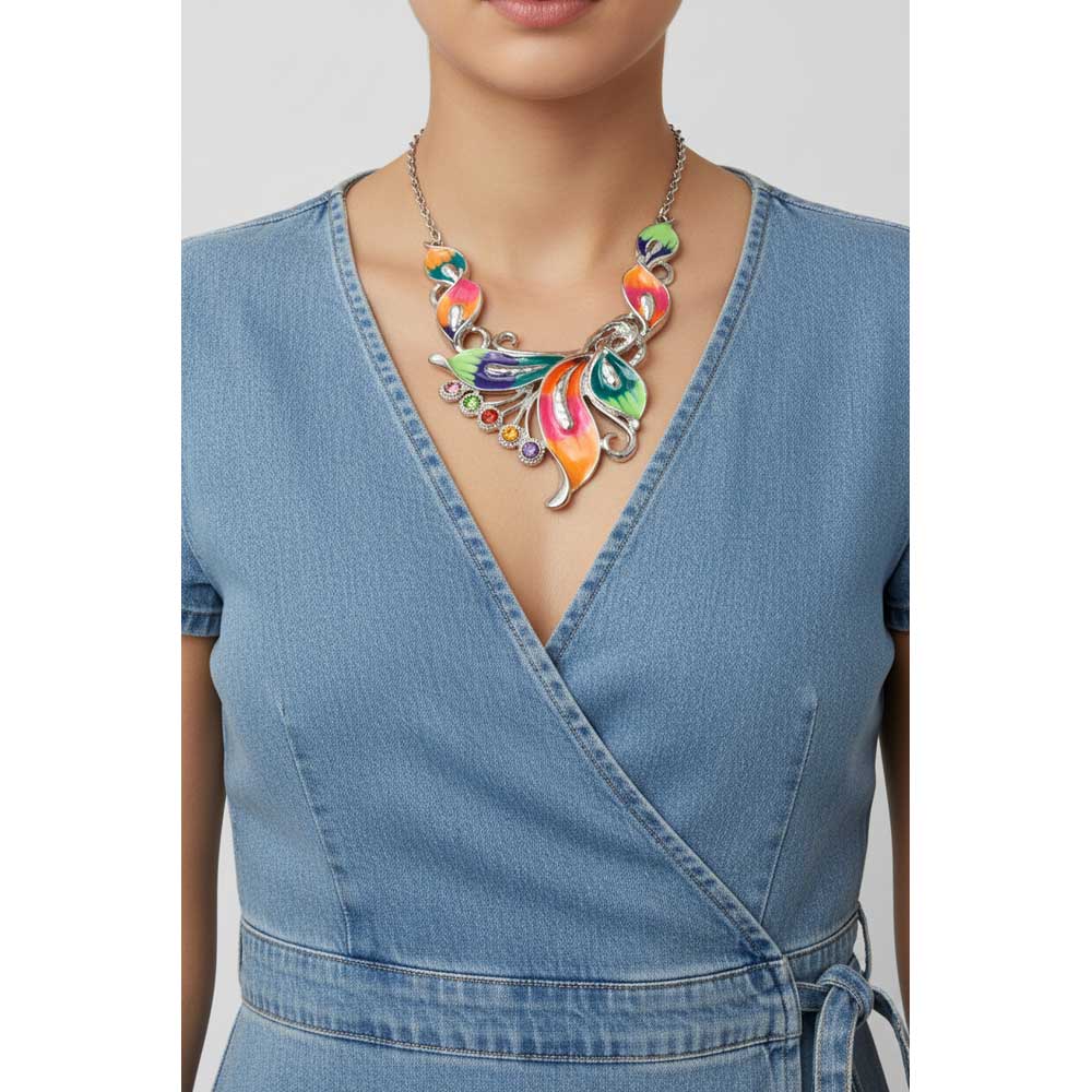 Model wearing colorful calla lilies necklace with a denim dress - Lilylin Designs