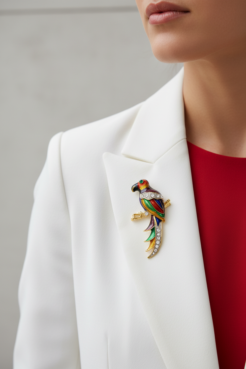 A colorful enamel parrot bird brooch with gold-tone metal and rhinestone accents, pinned to the lapel of a white blazer worn over a red top. Lilylin Designs