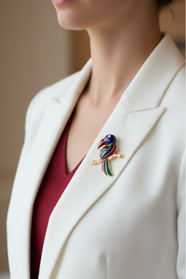 Model wearing colorful enamel toucan brooch pin - Lilylin Designs