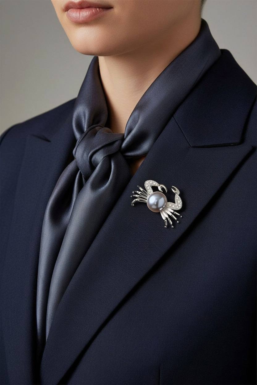 Model in navy blue jacket with crab with pearl brooch pin on the lapel - Lilylin Designs