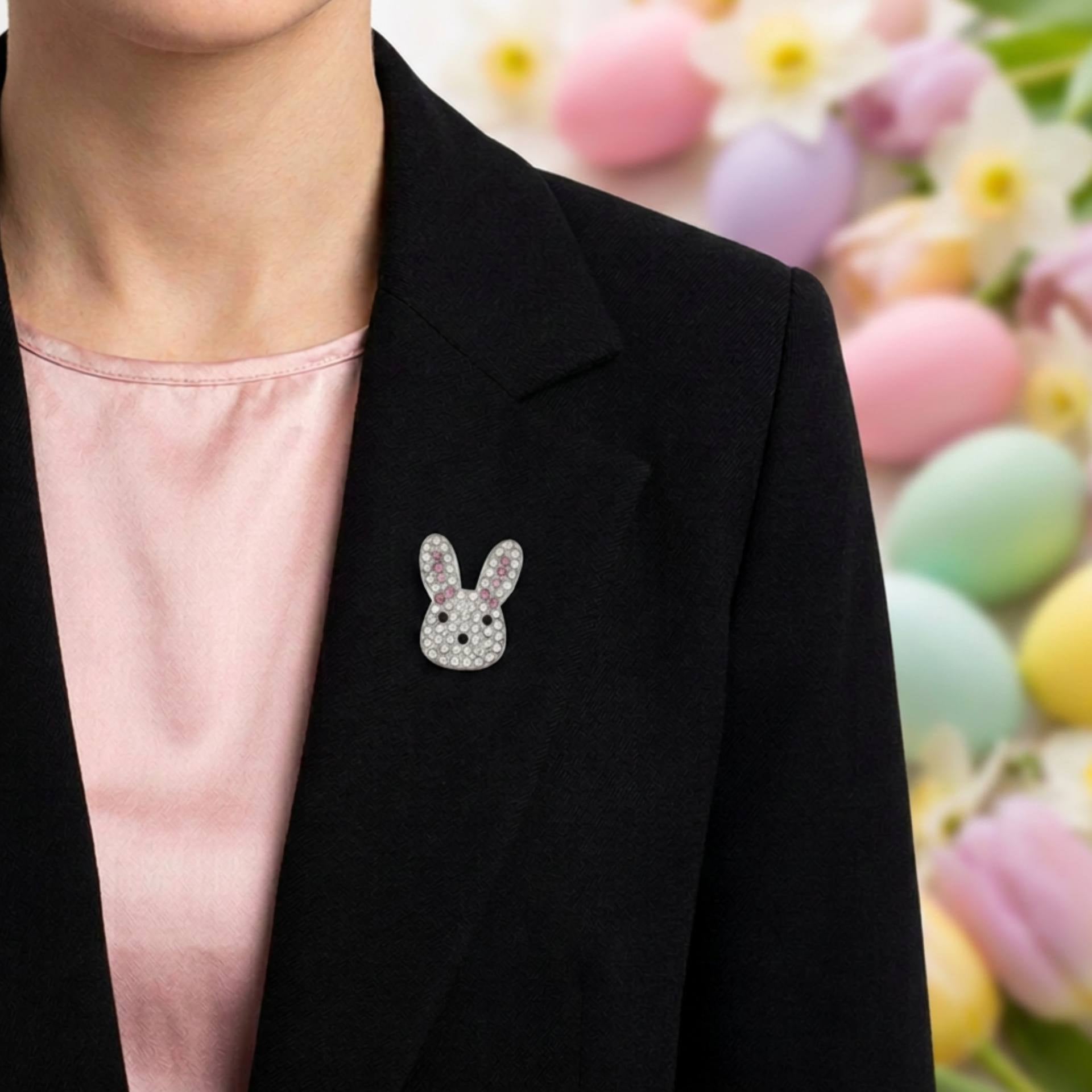 Model wearing crystal bunny head lapel tac pin on a black jacket - Lilylin Designs