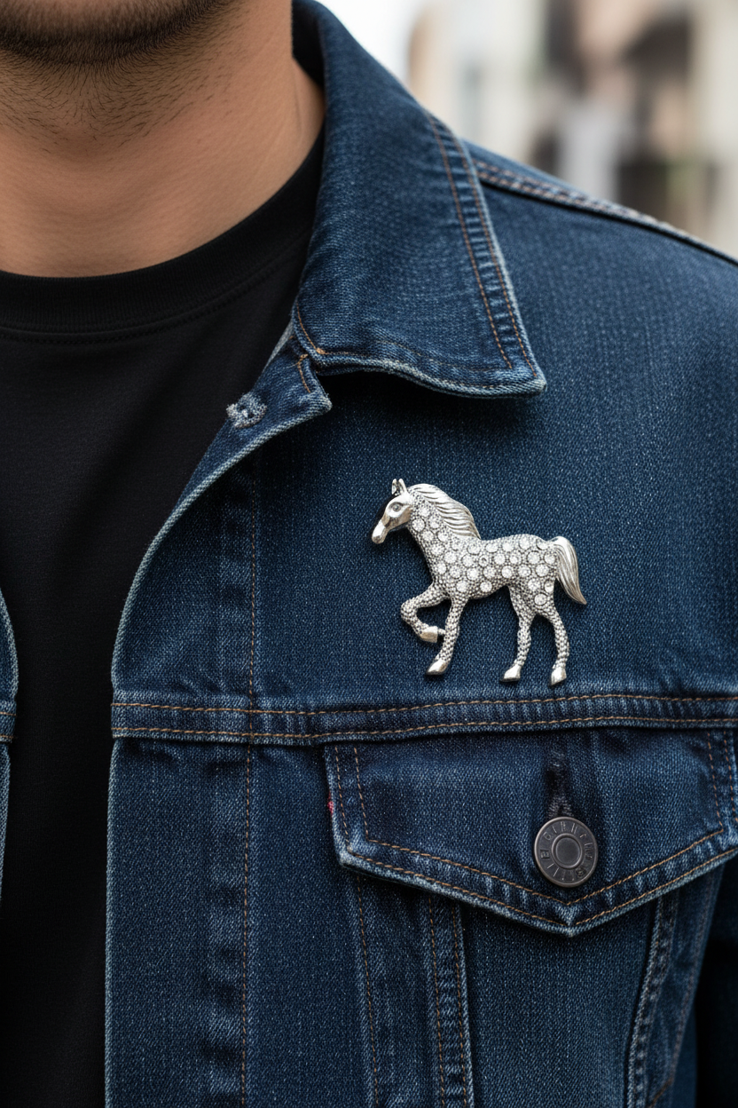 A silver horse-shaped brooch embellished with small clear rhinestones, pinned to the chest pocket of a dark blue denim jacket worn by a model. Lilylin Designs