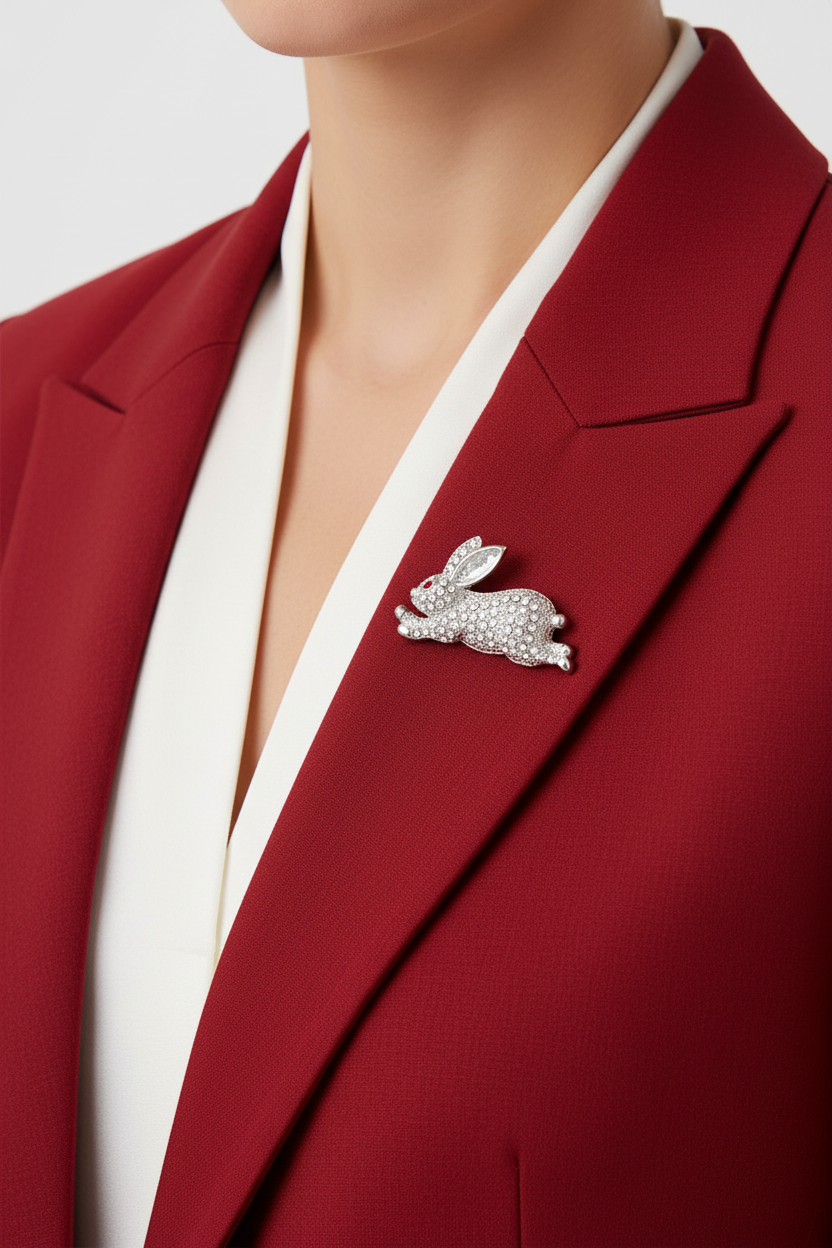 A close-up of a model wearing crystal leaping bunny brooch, pinned to the lapel of a red blazer over a white top. Lilylin Designs
