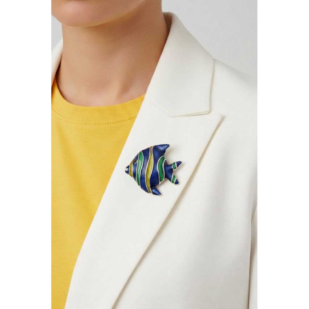 Model wearing Dark blue angel fish brooch pin on a white jacket with a yellow shirt - Lilylin Designs
