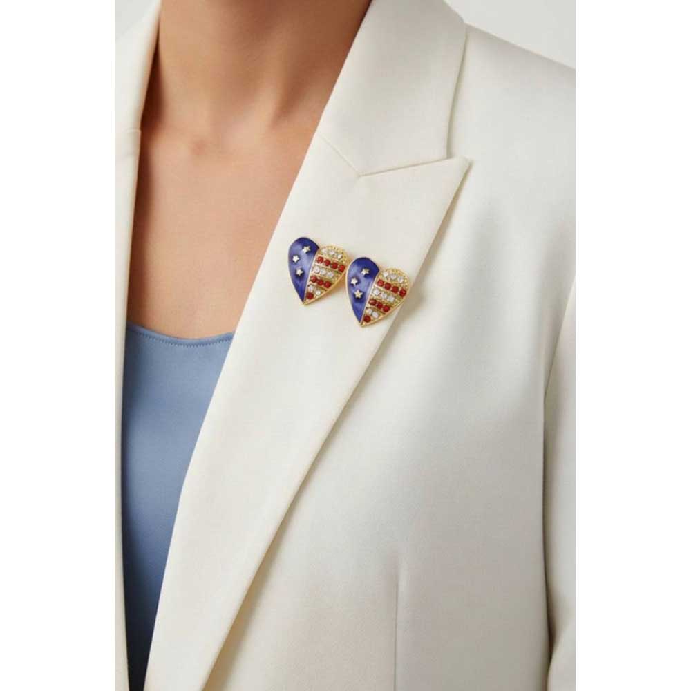 Model wearing double gold patriotic heart pin on a white jacket - Lilylin Designs