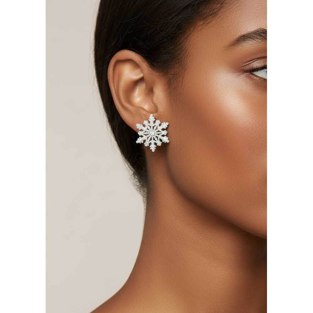 Model wearing glitter snowflake earring - Lilylin Designs