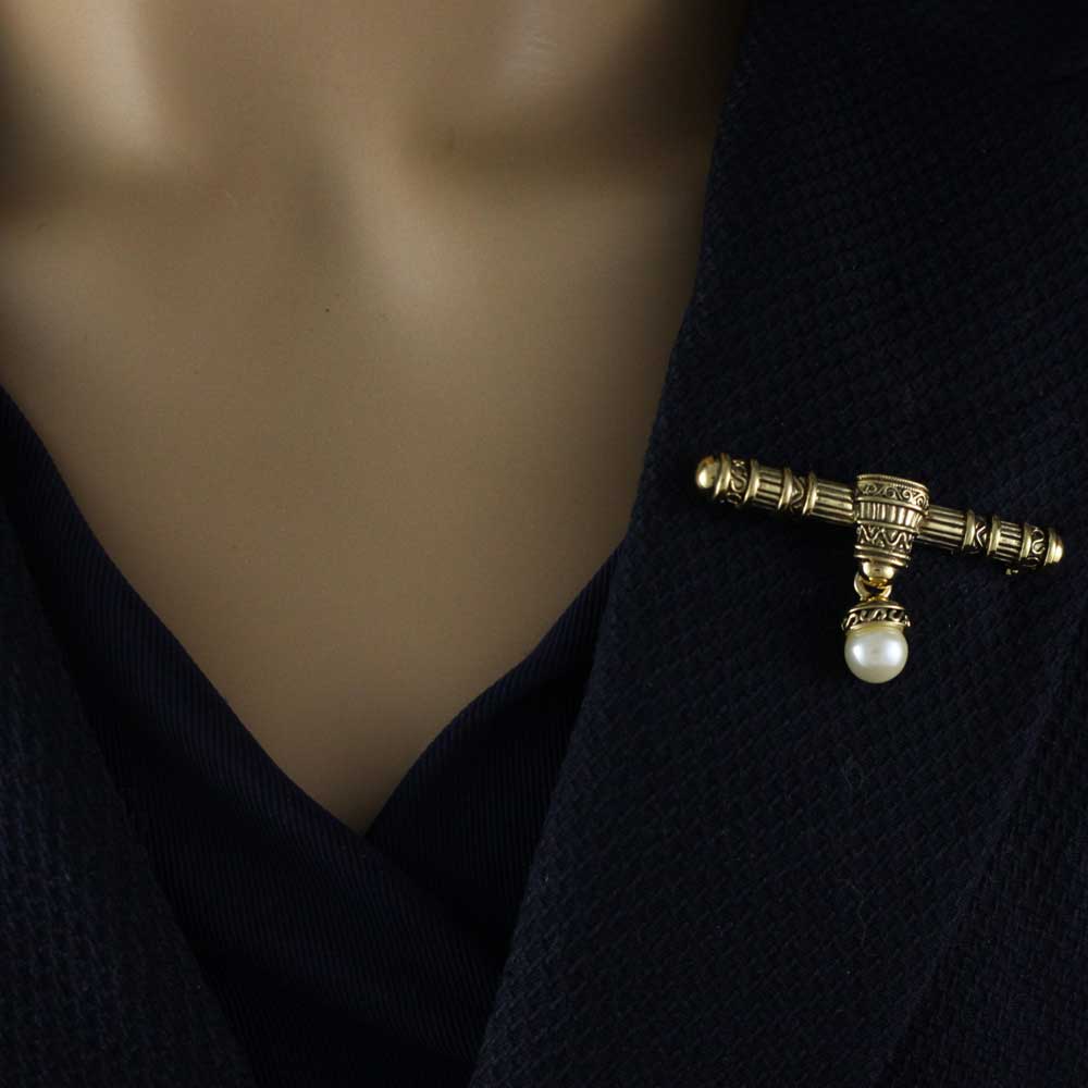 Model with Antique Gold - plated Bar with Dangling White Pearl Brooch Pin - Lilylin Designs