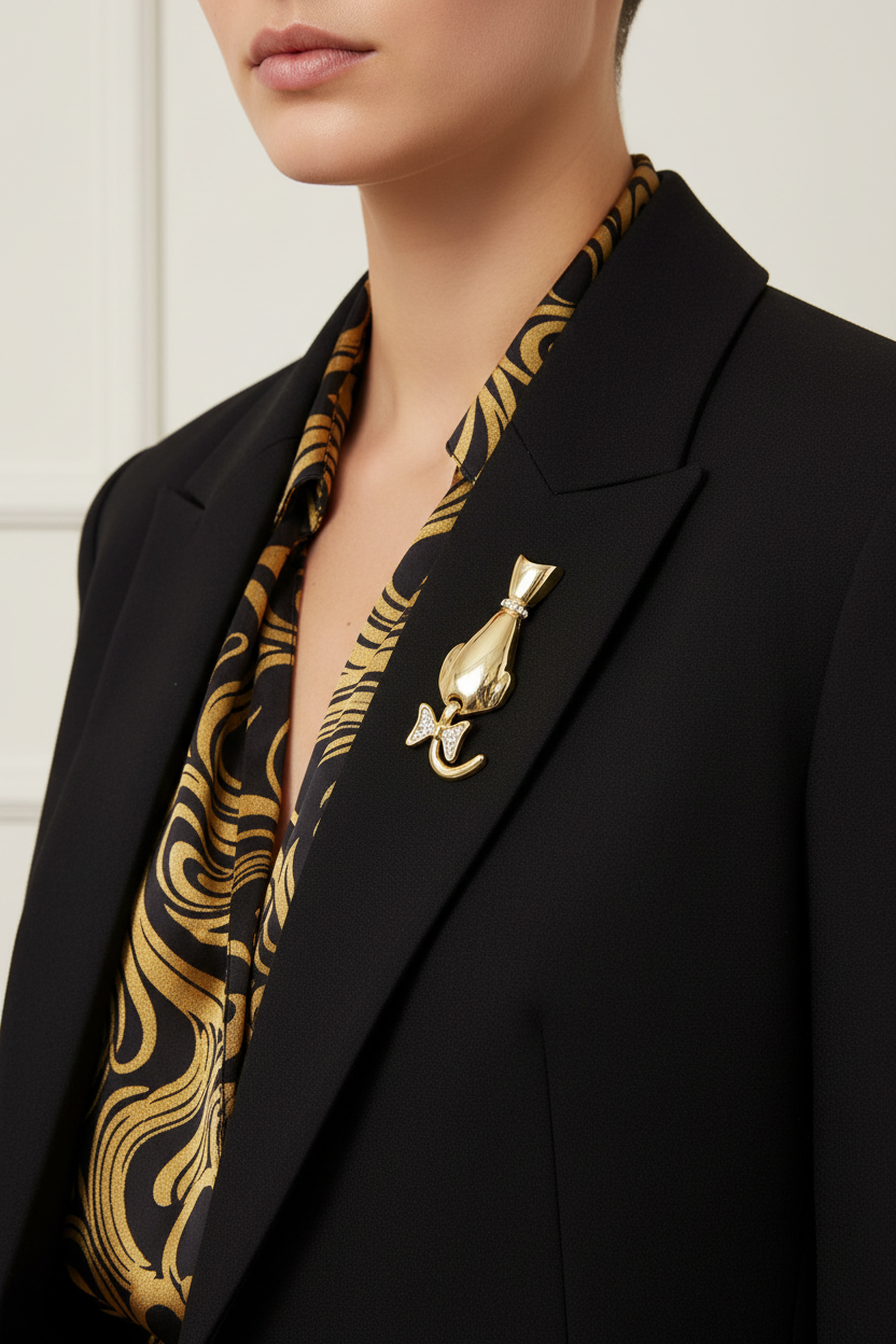 Model wearing gold cat with large crystal bow on tail pin on a black jacket - Lilylin Designs
