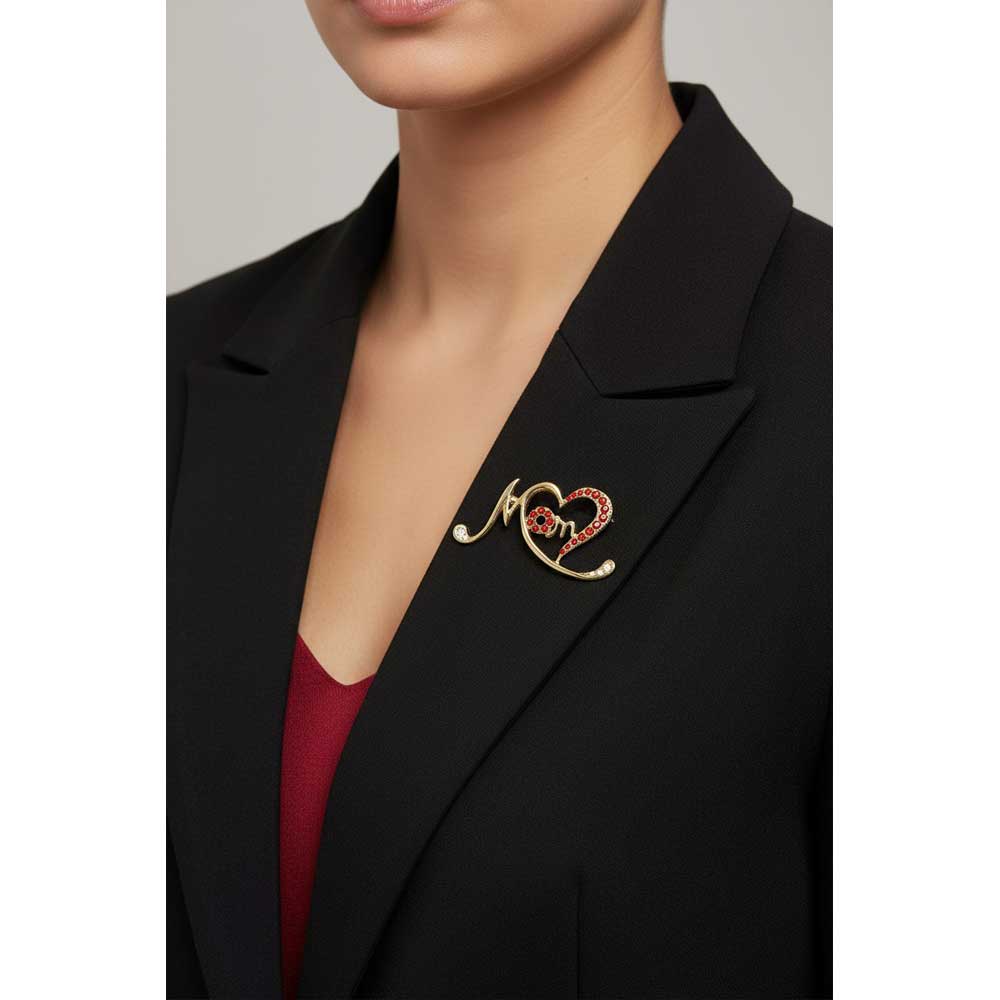 Model wearing gold stylized heart mom pin on a black jacket - Lilylin Designs