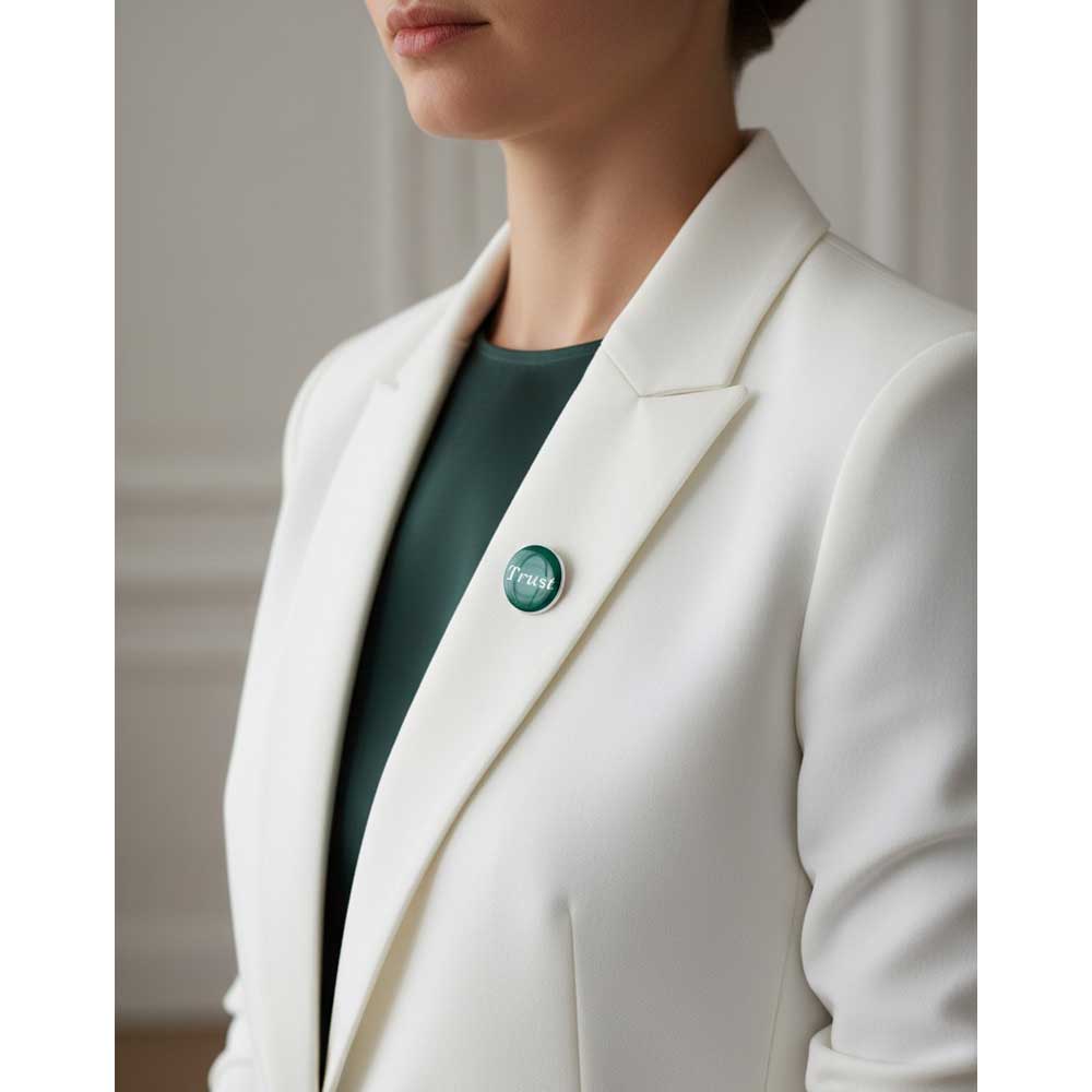 Model wearing green "Trust" lapel tac pin pinned to a white blazer over a dark green shirt - Lilylin Designs