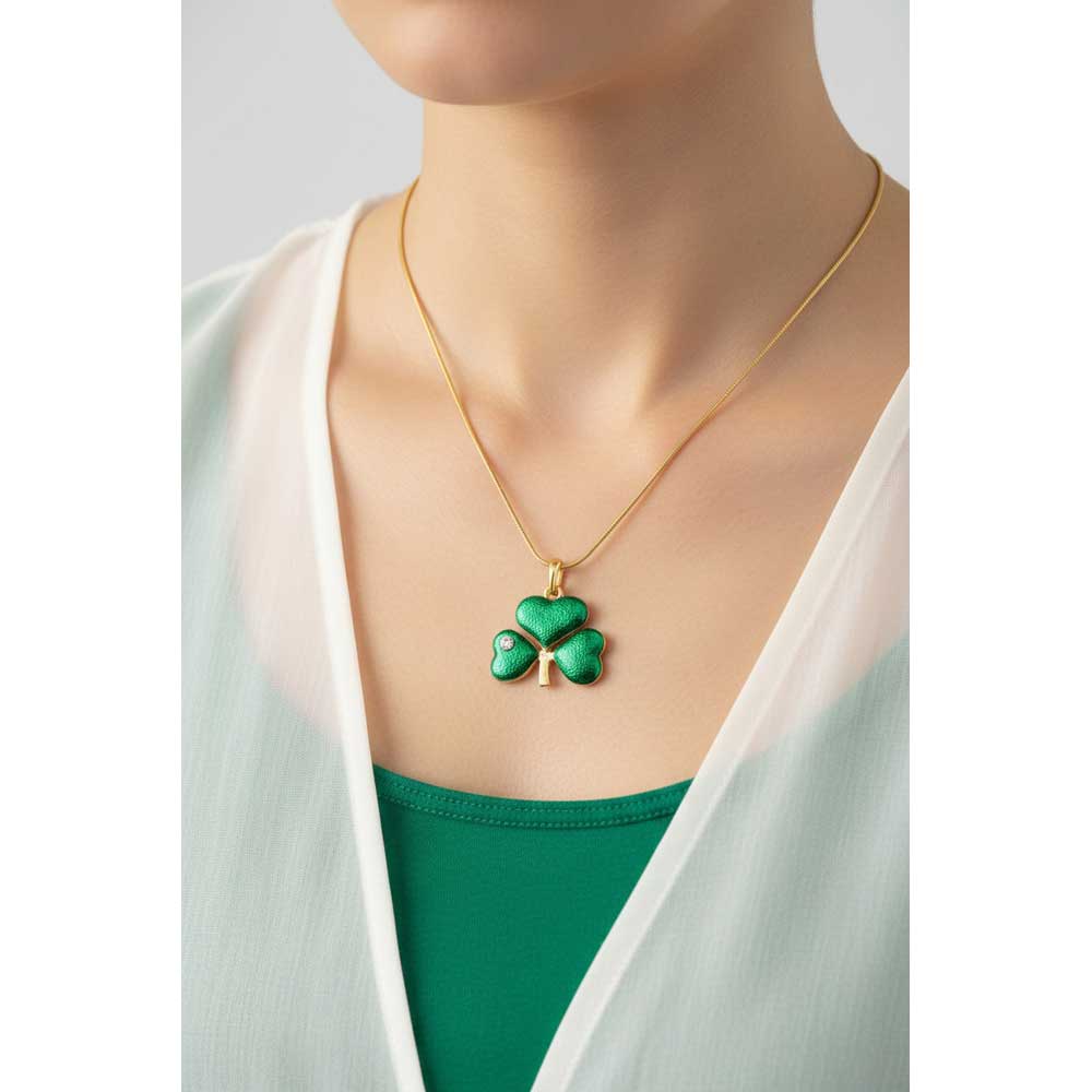 Model wearing green shamrock necklace with a sheer white top and green shirt - Lilylin Designs