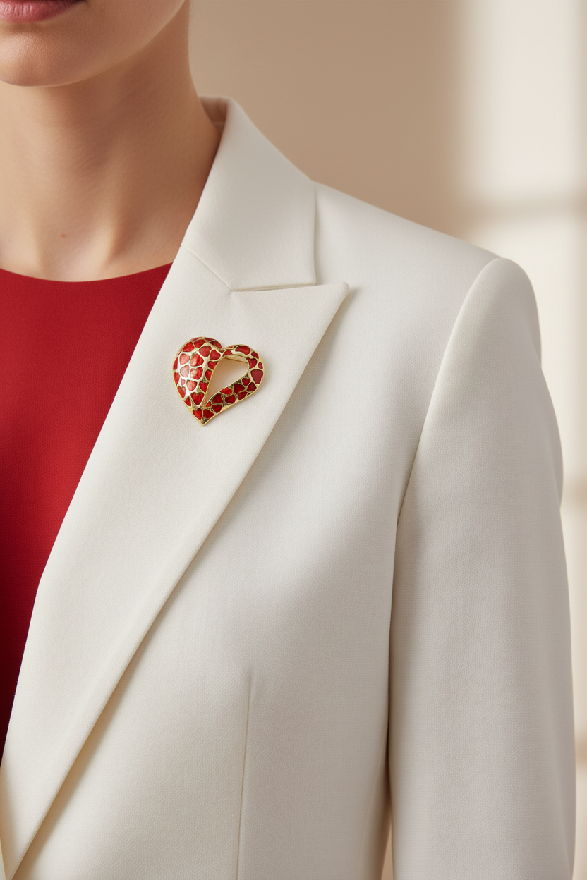 A close-up of a model wearing a white blazer over a red top, featuring a heart-shaped brooch with multiple red hearts on the lapel.  Lilylin Designs