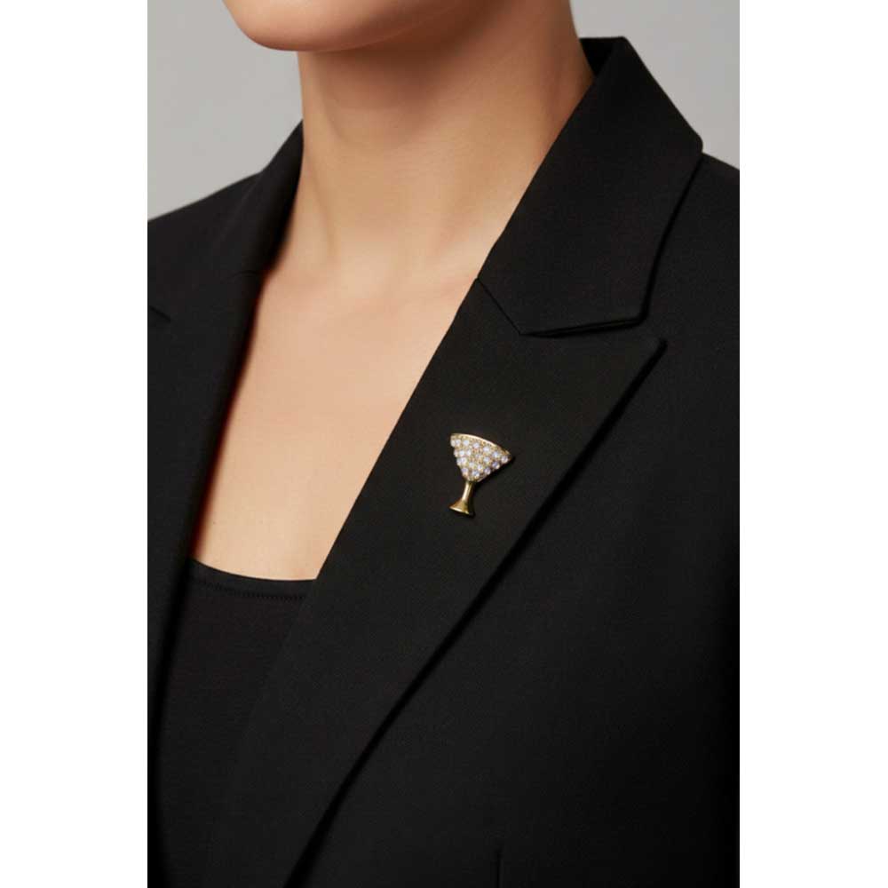 Model wearing martini glass lapel tac pin on a black jacket - Lilylin Designs