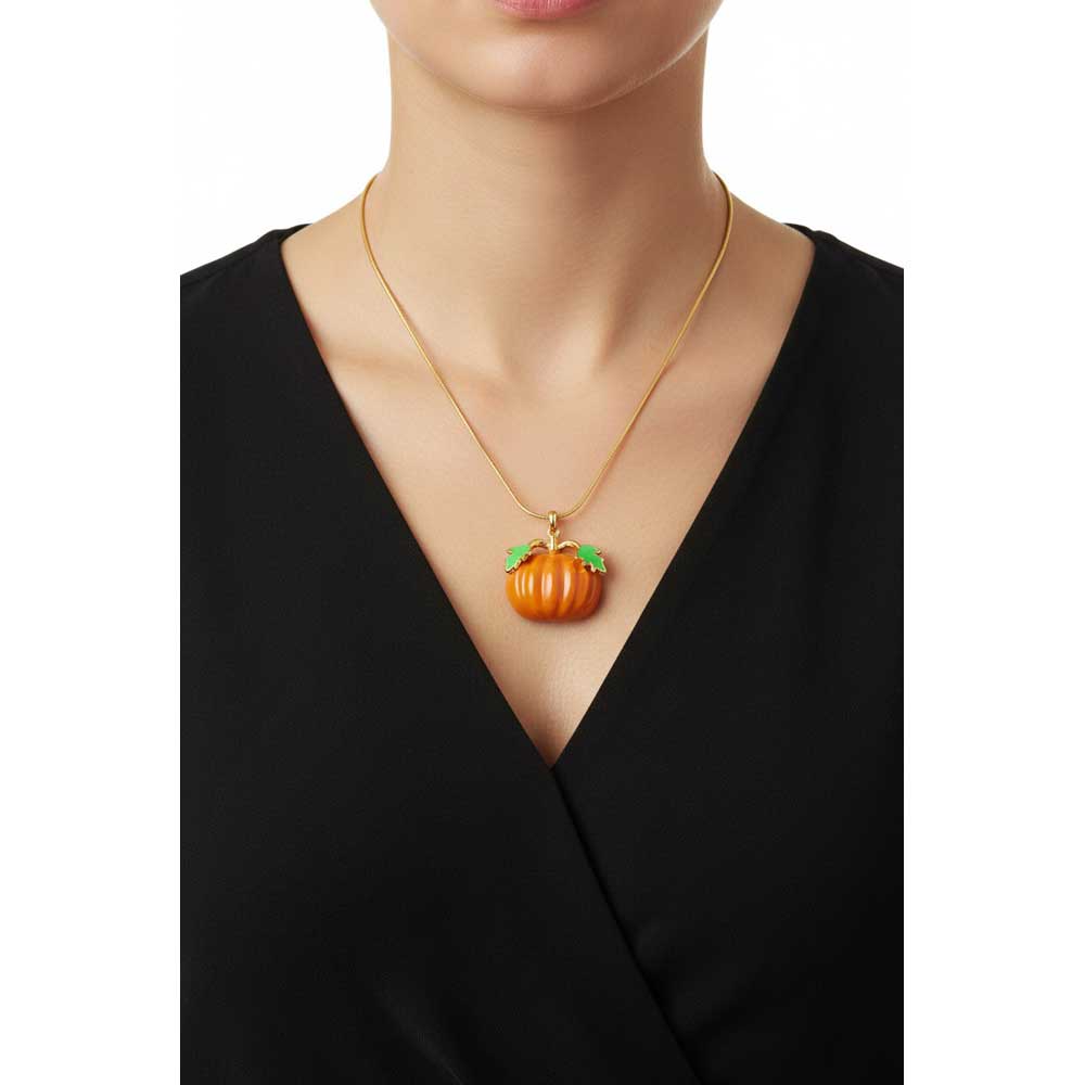 Model wearing orange pumpkin necklace with a black v neck top - Lilylin Designs