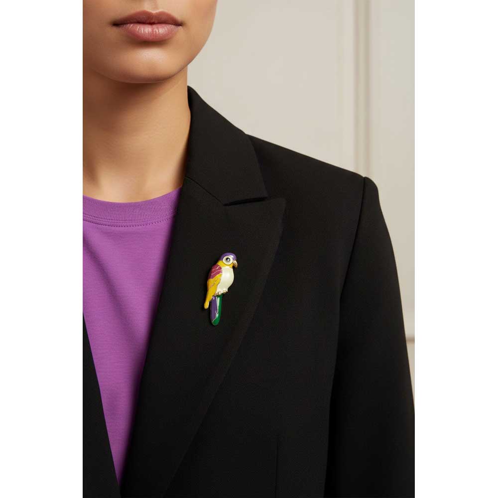 Bright Colorful Enamel Parrot Lapel Tac Pin on model with bright tie dye t-shirt - Lilylin Designs